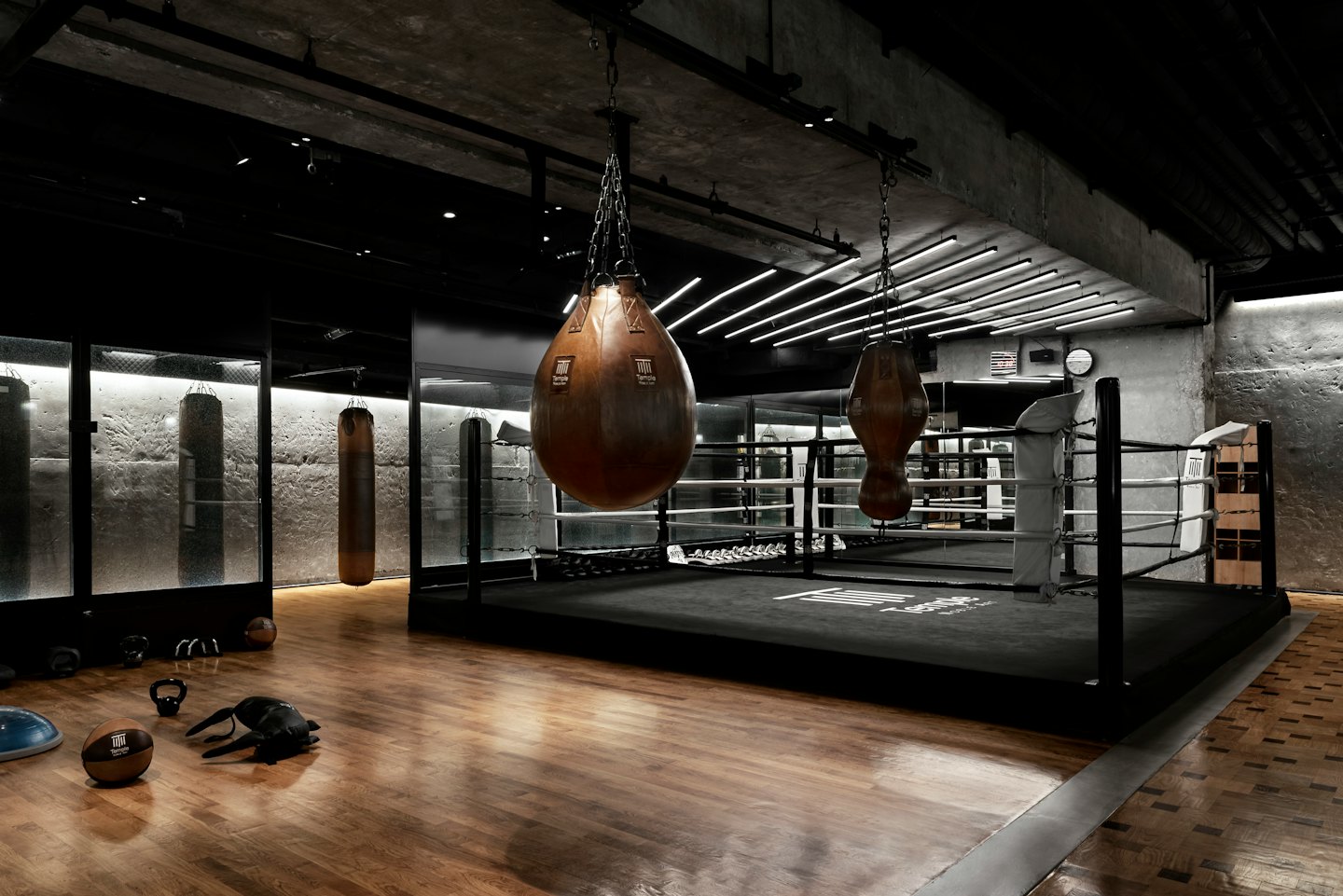 Boxing ring with punching bags in a modern gym.