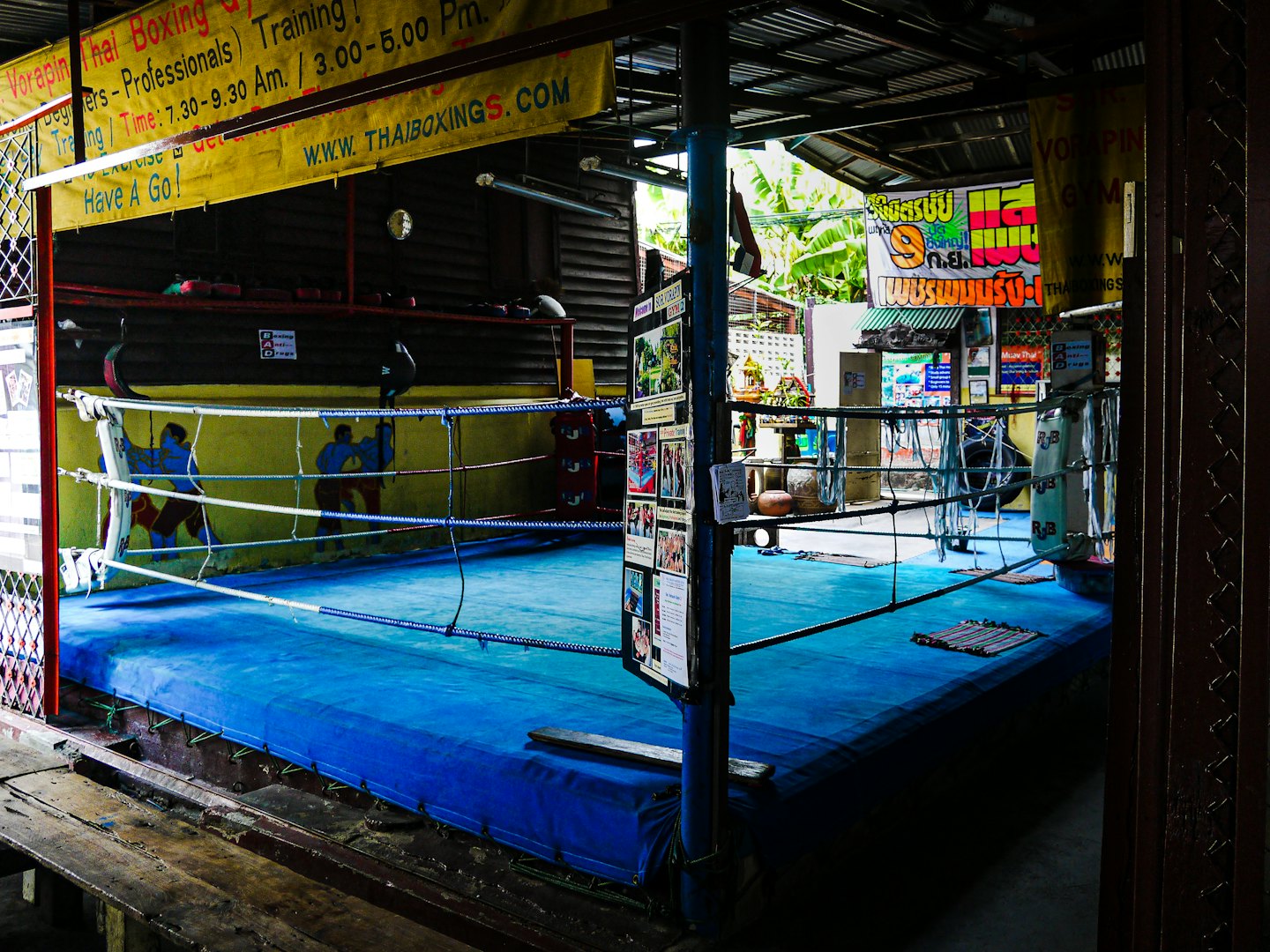 Empty boxing ring with punching bags in a gym.