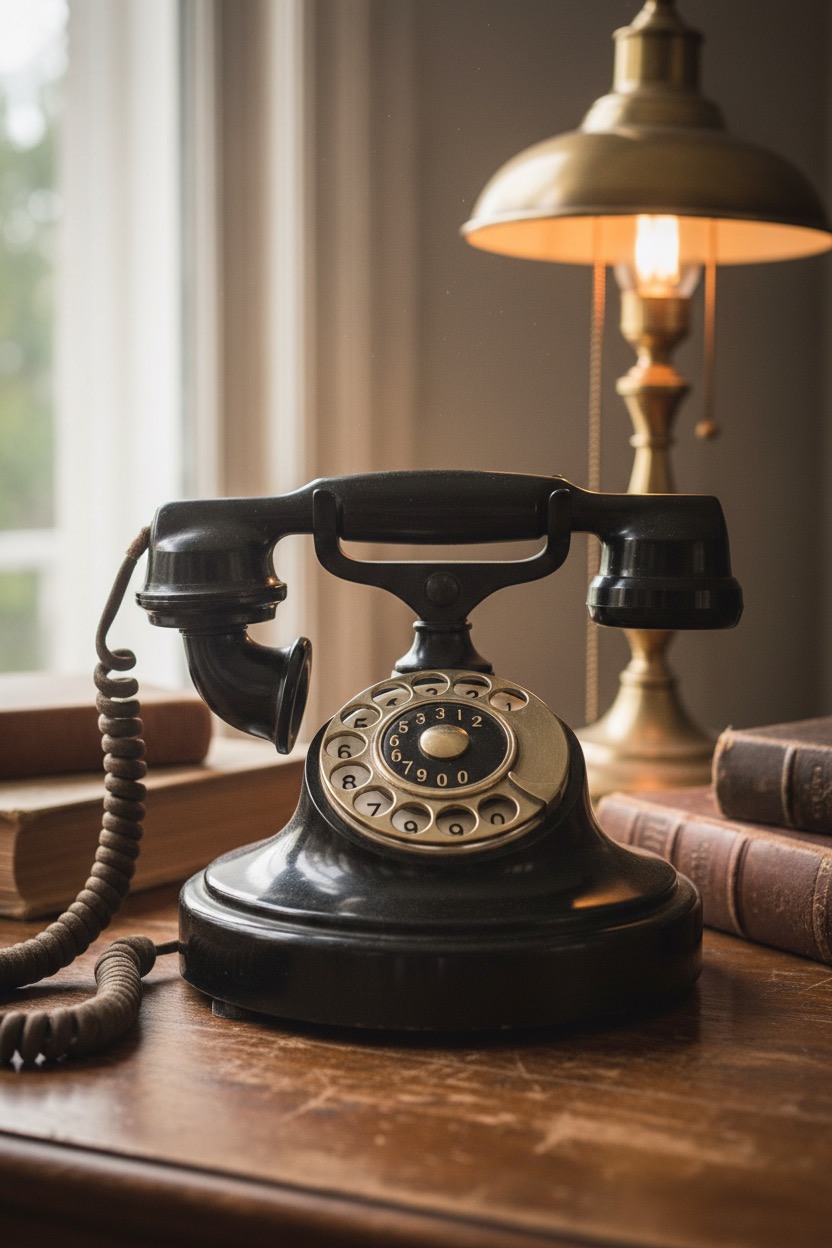 A vintage black rotary telephone sits on a wooden desk next to old books and a lit brass lamp.